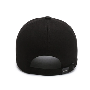 Rear view of classic black men's baseball cap with adjustable strap and twill texture