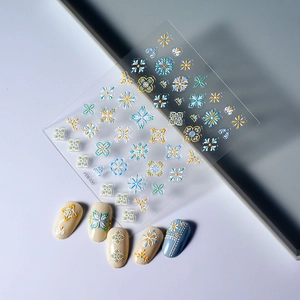 Detailed view of 5D floral and geometric embossed nail stickers with sample nail tips
