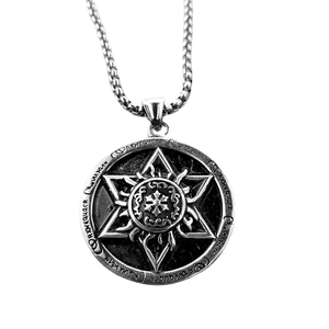 Silver Egyptian Horus Eye pendant necklace with hexagram and mystic runes in vintage style