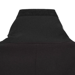 Close-up of high-neck collar and stitching on a black street style winter jacket