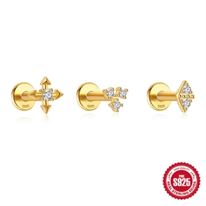 Set of three gold S925 sterling silver stud earrings with zircon stars and diamonds
