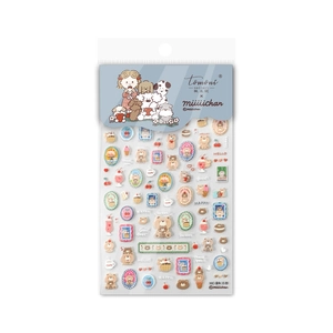 3D embossed nail stickers featuring cute cartoon puppy, bear and girl illustrations