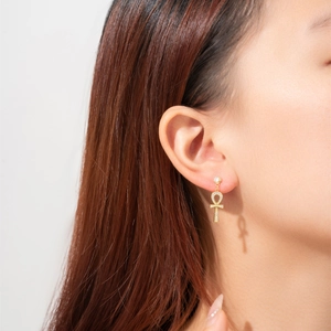 Minimalist s925 silver gold hoop earring with Ankh cross and white rhinestones for men