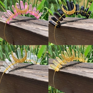 Handmade raw crystal quartz headbands with metallic moon charms in four assorted colors