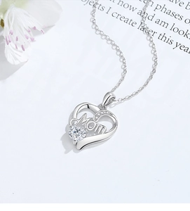 Close-up of S925 sterling silver heart necklace with MOM engraving and zircon stone