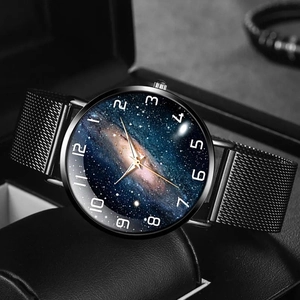 Detail of starry galaxy dial with silver hands and black Milanese mesh strap for men