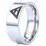 Minimalist silver metal ring with engraved geometric triangle and curved pattern design