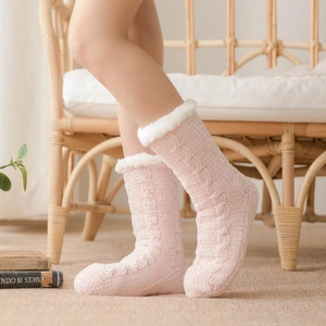 Pink thick cable knit floor socks with white fuzzy cuffs for winter home comfort