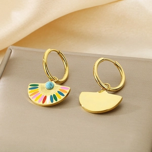 Golden fan-shaped earrings with colorful enamel stripes and blue turquoise stone
