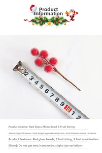Macro view of 9cm red frosted glass berries with measurement tape showing 14mm diameter