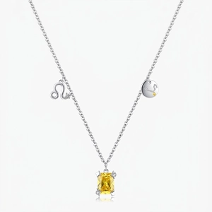 925 Sterling Silver Leo Zodiac Necklace For Women With Yellow Rectangular Zircon And Astrology Sign Charm Elegant Jewelry