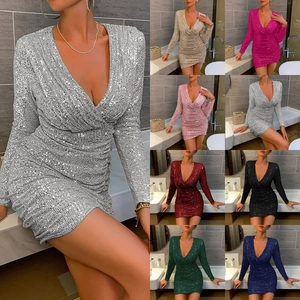 Women's sexy V-neck sequin mini dress with long sleeves in various metallic colors