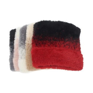 Detail of five faux fur knitted beanies showing various gradient colors and fluffy textures
