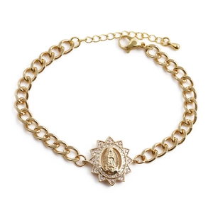 Gold-plated Virgin Mary bracelet with shimmering zircon border and thick link chain