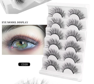 Detailed view of 8D faux mink eyelashes on tray with professional eye model display