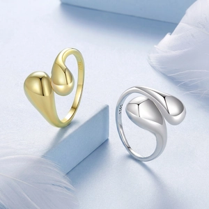 Polished 925 sterling silver open water drop rings in gold and silver finishes
