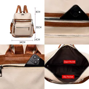 Minimalist beige and brown faux leather backpack with multiple functional zip pockets