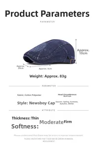 Detail view of denim flat cap showing metal side buckles and size guide parameters