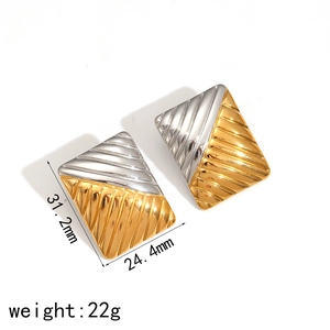 Retro geometric striped titanium steel earrings in two-tone gold and silver finish