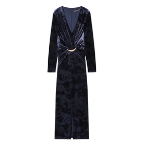 V Neck Velvet Midi Dress Long Sleeve Elegant Bodycon With Gold Buckle High Slit Evening Party For Women