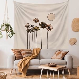 Bohemian floral wall tapestry in beige and earthy tones for cozy home decoration