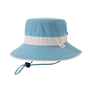 Light blue children's wide brim sun hat with adjustable strap and white trim detail