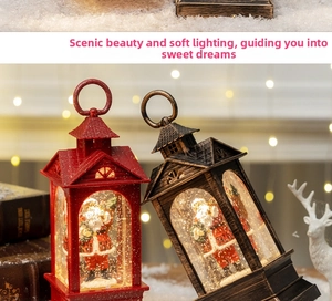 Close-up of red and bronze Christmas lanterns with Santa Claus figurines inside