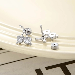 Exquisite silver cherry stud earrings featuring micro-set zircon hearts and screw back