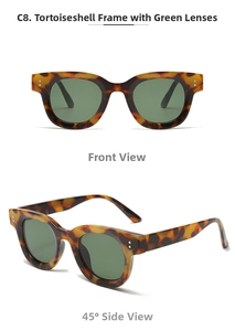 Detail of tortoiseshell oval sunglasses with green lenses and silver rivet accents