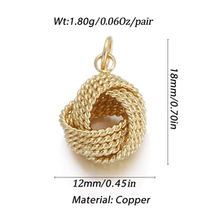 Detail view of 18K gold braided knot pendant with precise size and weight measurements