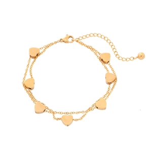 Elegant gold double-layer stainless steel bracelet with polished heart pendants and clasp