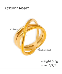 Macro detail of 1.2cm wide gold titanium steel crisscross ring with 18k plating