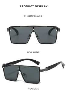 Front and side views of square gunmetal frame sunglasses with black gradient lenses