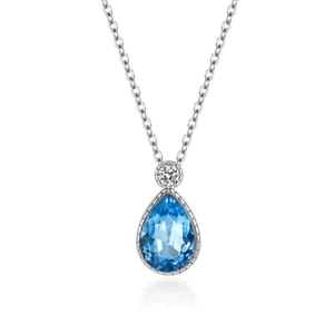 S925 sterling silver necklace with teardrop blue crystal and small white diamond