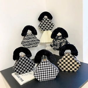 Fashion geometric hex handbags with fur handles and metal clasps in various chic patterns