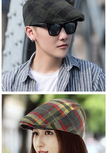 Detail of vintage wool plaid beret hats showing thick texture and classic checkered patterns
