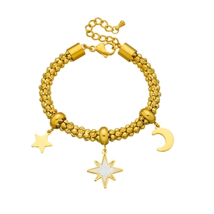 Gold stainless steel bracelet featuring star, moon, and North Star charms on white background