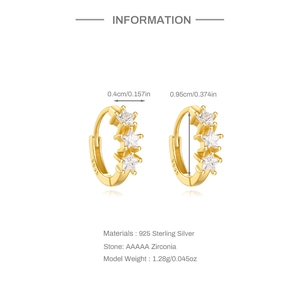 Detailed size chart for gold S925 silver hoop earrings with three star-shaped zircons