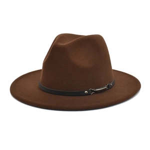 Classic dark brown wool fedora hat with flat brim and black leather belt accent