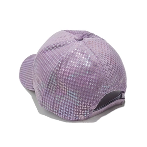 Detail view of purple holographic glitter texture and adjustable back on baseball cap