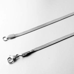Close-up of silver titanium steel flat snake chain with lobster clasp detail