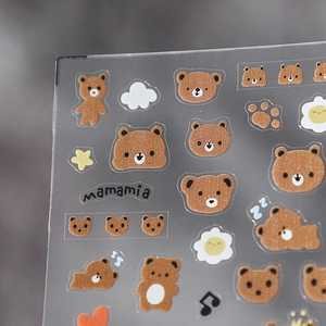 3D cute brown bear nail art stickers with fried egg and star patterns for DIY decoration