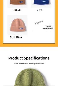 Detailed ribbed knit texture and Orderliness labels on colorful winter beanies
