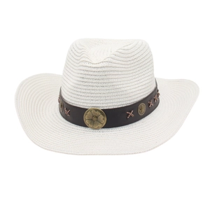 Western Cowboy Straw Hat Woven Wide Brim Sun Protection Outdoor Beach Vintage Style With Leather Band Metal Flower Buckle