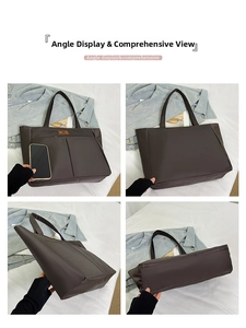 Detailed four-angle view of a brown nylon tote bag showing spacious storage with front pockets