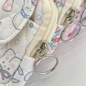 Detail of multi-layered quilted floral pouch showing zippers and large silver ring pulls