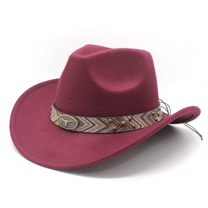 Detail of wine red wool felt cowboy hat with braided band and bronze bull head stud