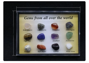 Detailed set of 12 polished natural crystal specimens in a labeled collection display box