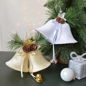 Velvet Christmas bells with pine cones and berries for festive tree decoration