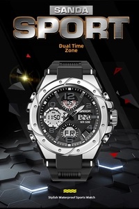 Macro shot of SANDA sports watch featuring dual time display and silver-black bezel